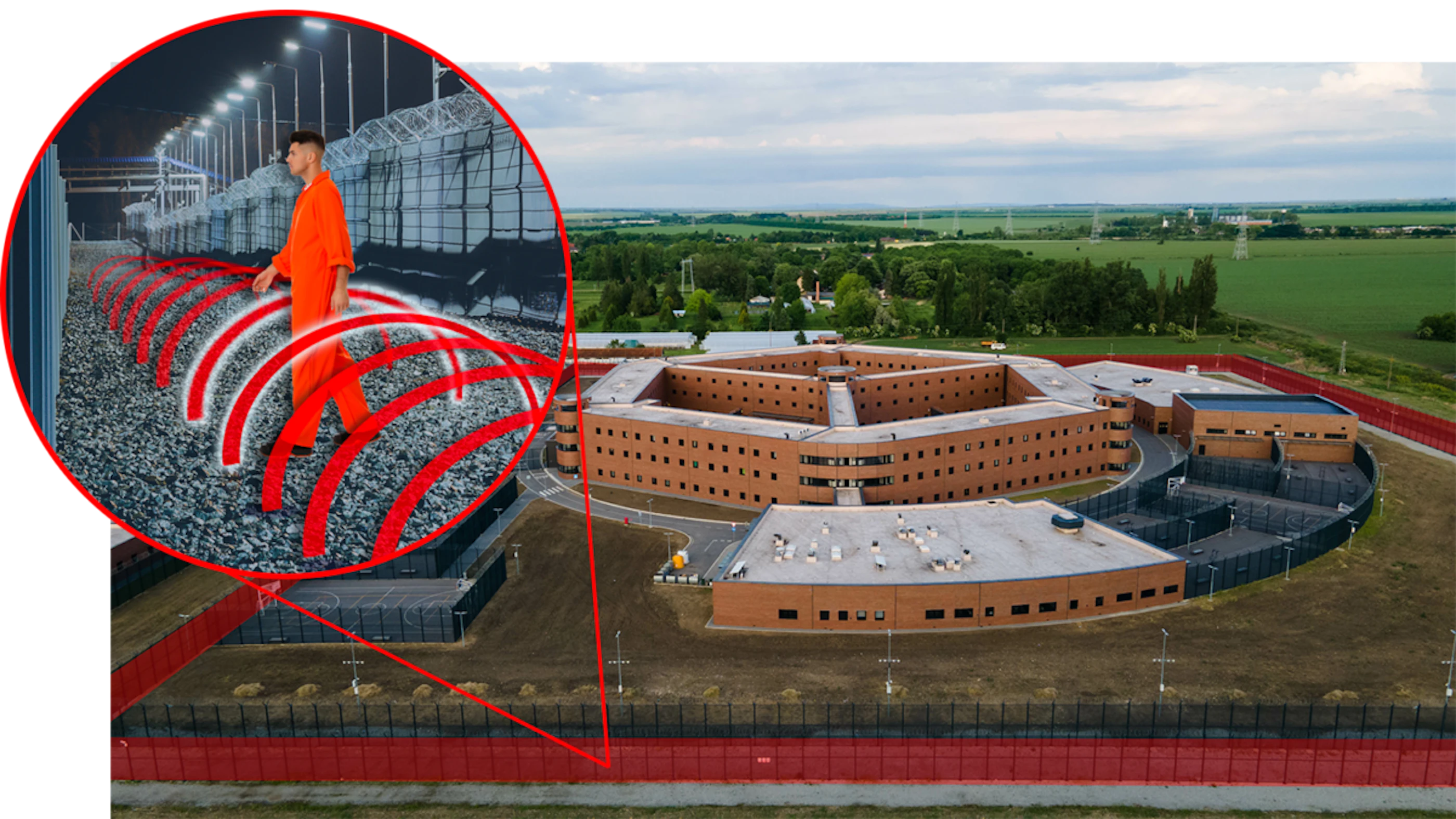 Optex prisoner walking through echopoint in between two fences